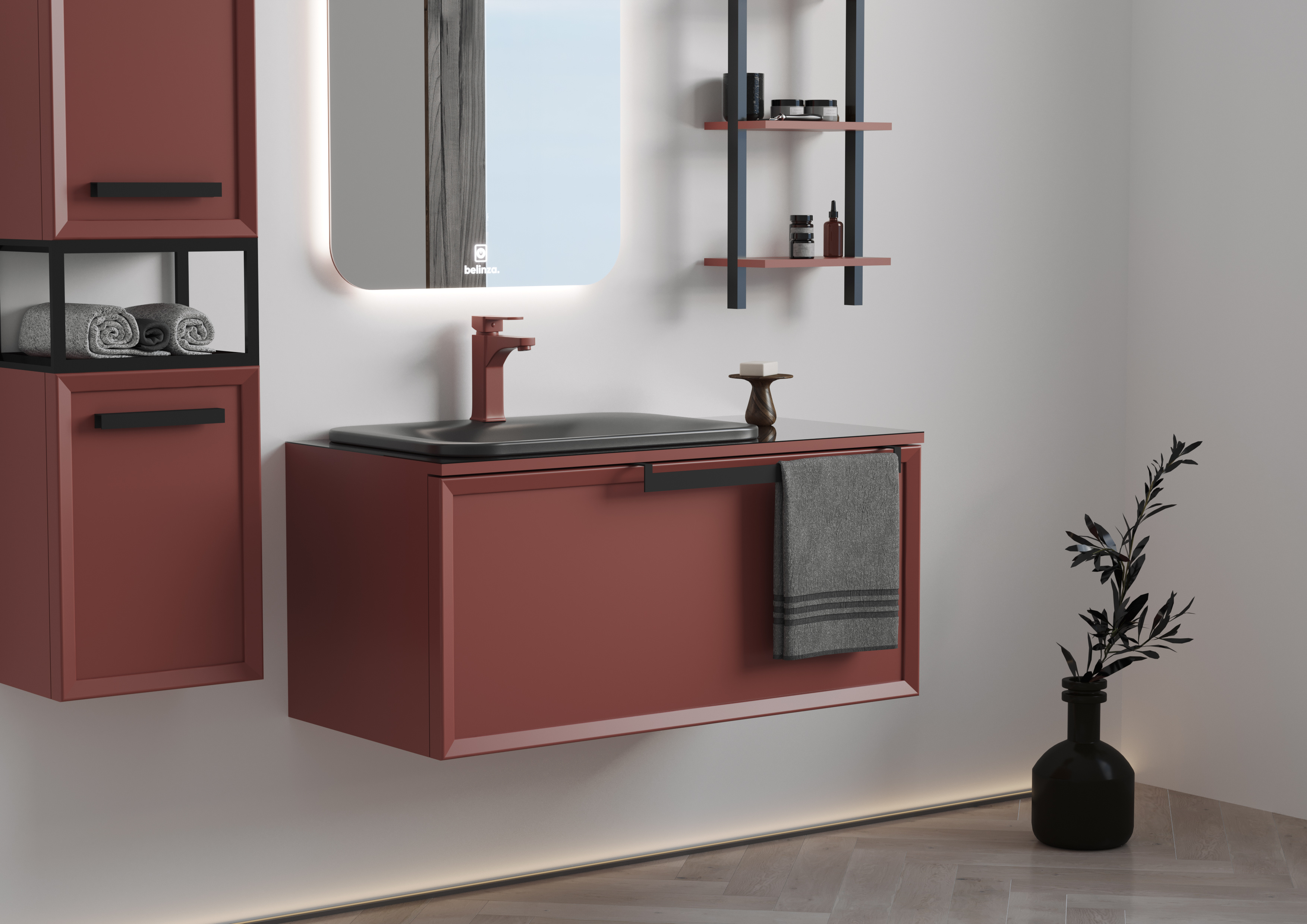 Badmöbel Set Ares 100 Rot mit Waschtisch Regal Seitenschrank mit LED Spiegel