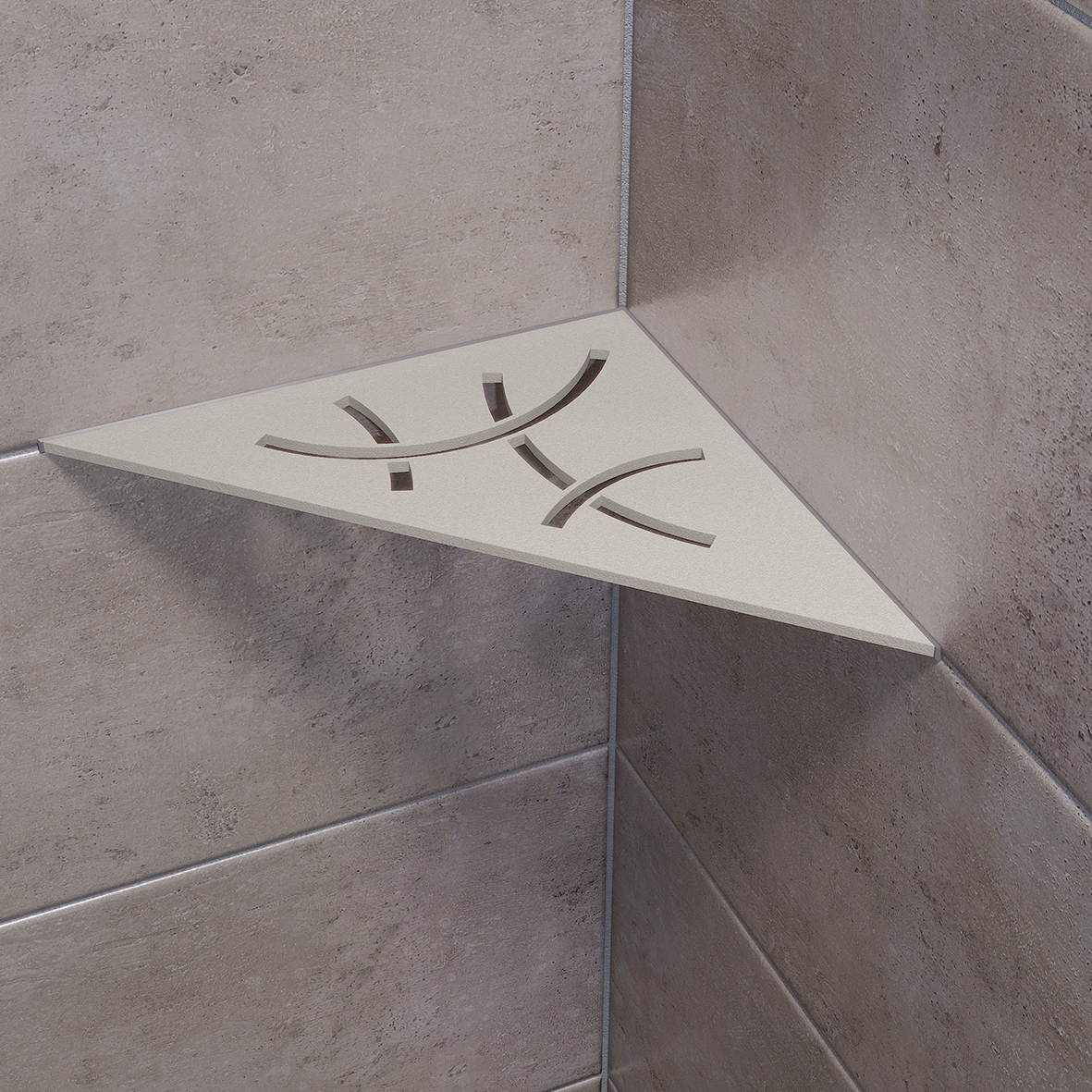 Wandablage für Nischen von Schlüter Dreieckige Eck-Wandablage Curve Beige Grau